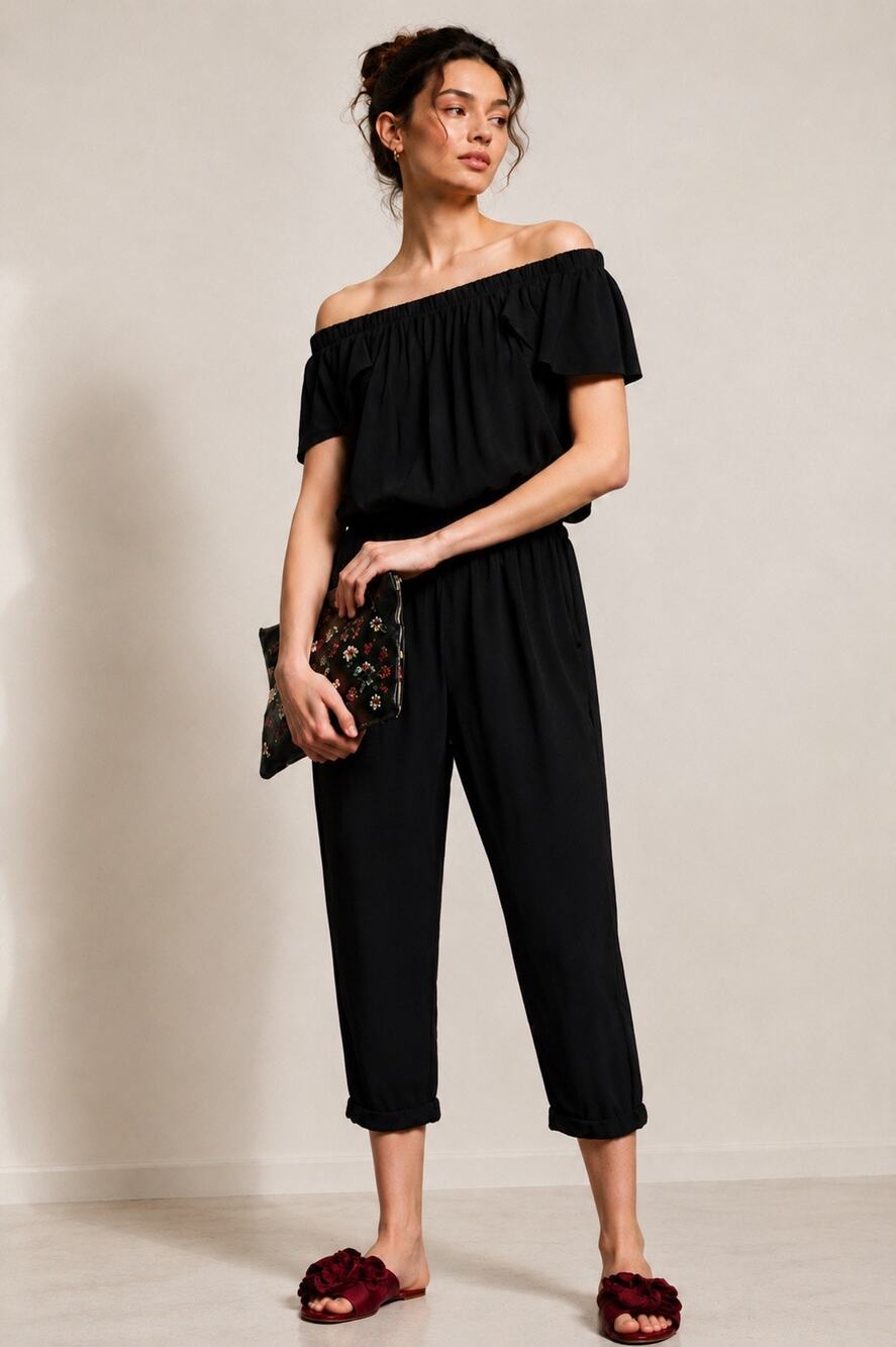 Anthropologie Beachgold Black Off Shoulder Jumpsuit Pockets Size Medium Boho